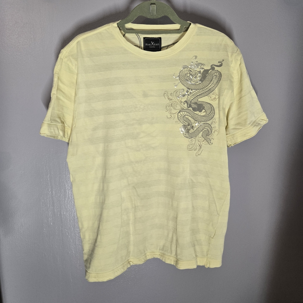 Marc Ecko Cut & Sew Dragon Graphic Tee Yellow Stripe Shirt Size Large Y2K